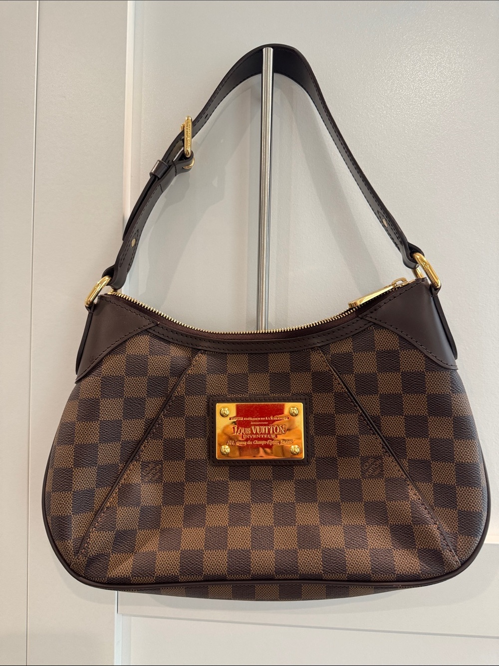 Louis Vuitton Dark Brown Damier Canvas Shoulder Hobo with Gold Plaque